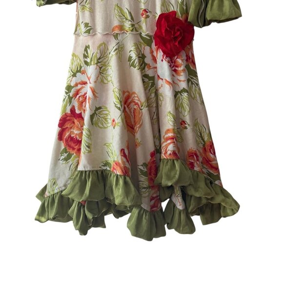 Floral Giggle Moon Girls Dress With Green Ruffled Hem & Sleeves Rosette Size 6X - Picture 4 of 6